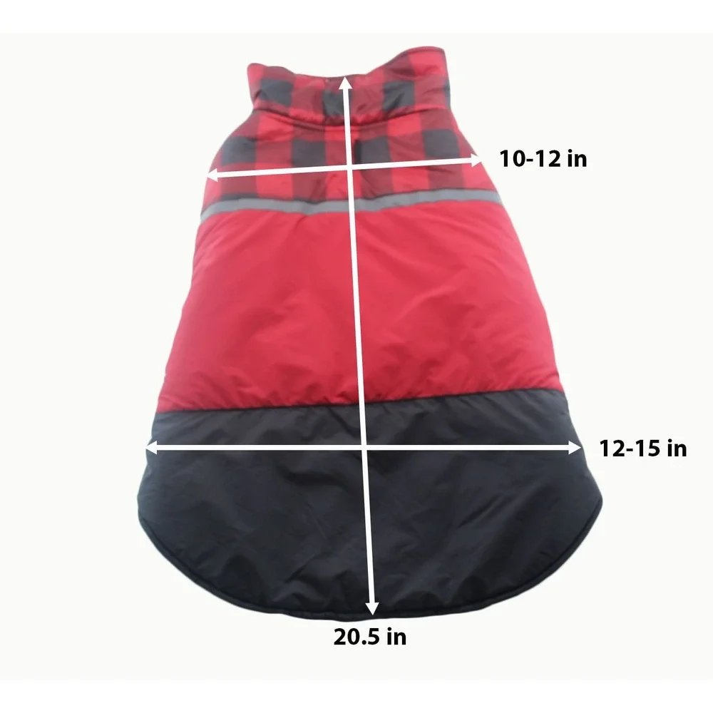 Pet Dog Puffer Vest Red Black Buffalo Plaid Quilted Lightweight Large Reflective